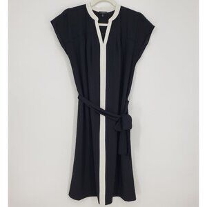 Talbots Belted Shift Dress 8 Contrast Tipped Trim Sleeveless Crepe Black Cream